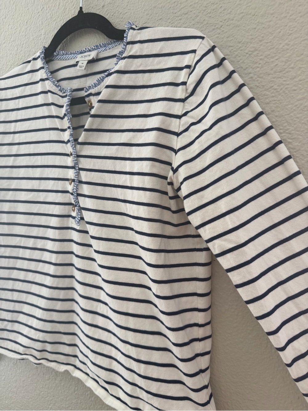 J. Crew Navy & White Striped Long-Sleeve Henley Top Blue Gingham Hem Size M - Picture 7 of 12